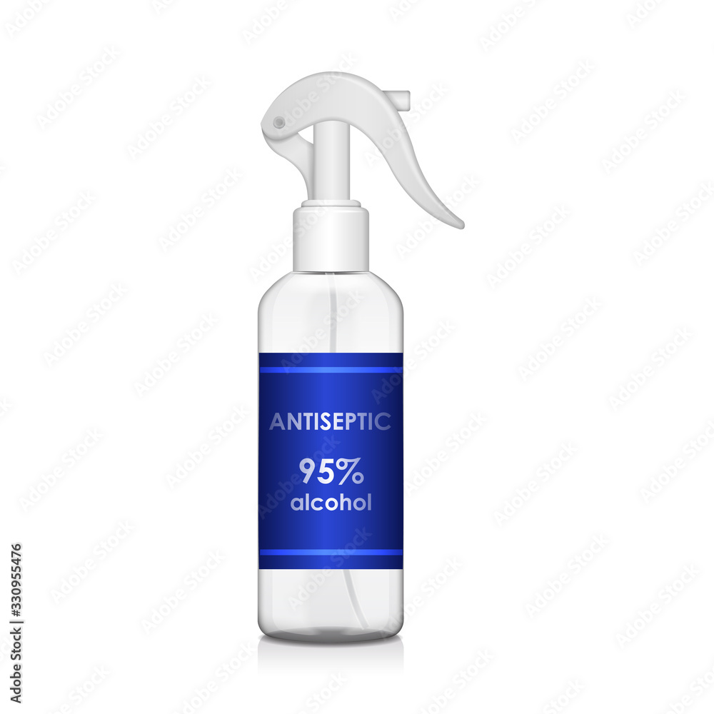 Transparent bottle with atomizer. Antiseptic, sanitizer. Mock up bottle medical vial, flask, flacon 3d illustration Transparent bottle with atomizer. Antiseptic, sanitizer. Mock up bottle medical vial, flask, flacon 3d illustration
