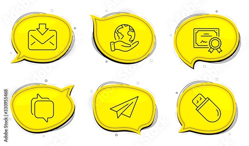 Incoming mail sign. Diploma certificate, save planet chat bubbles. Messenger, Paper plane and Usb stick line icons set. Speech bubble, Airplane, Memory flash. Download message. Business set. Vector