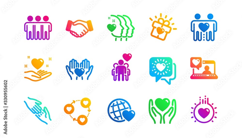 Interaction, Mutual understanding and assistance business. Friendship and love icons. Trust handshake, social responsibility icons. Classic set. Gradient patterns. Quality signs set. Vector Interaction, Mutual understanding and assistance business. Friendship and love icons. Trust handshake, social responsibility icons. Classic set. Gradient patterns. Quality signs set. Vector