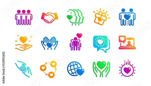 Interaction, Mutual understanding and assistance business. Friendship and love icons. Trust handshake, social responsibility icons. Classic set. Gradient patterns. Quality signs set. Vector