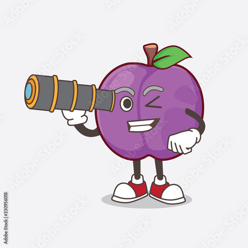 Plum Fruit cartoon mascot character using a monocular