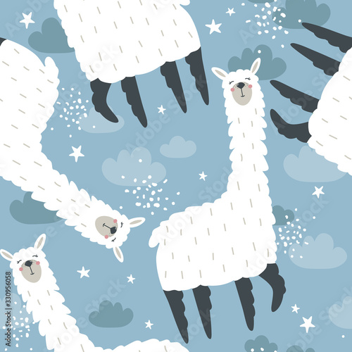 Lamas, hand drawn backdrop. Colorful seamless pattern with animals and sky. Decorative cute wallpaper, good for printing. Overlapping background vector, happy alpacas. Llama