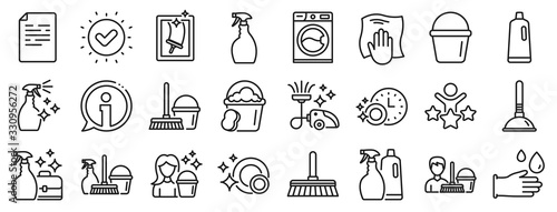 Laundry, Window sponge and Vacuum cleaner icons. Cleaning line icons. Washing machine, Housekeeping service and Maid cleaner equipment. Window cleaning, Wipe off, laundry washing machine. Vector