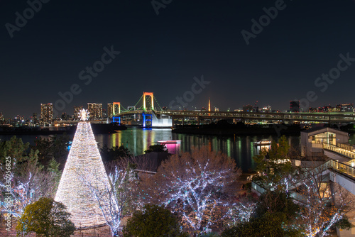 Tokyo Rainbow Bridge at night. Christmas Tree.