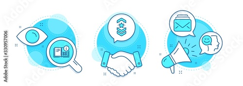 Mail, Shoulder strap and Instruction info line icons set. Handshake deal, research and promotion complex icons. Good mood sign. New messages, Star rank, Project. Positive thinking. Vector