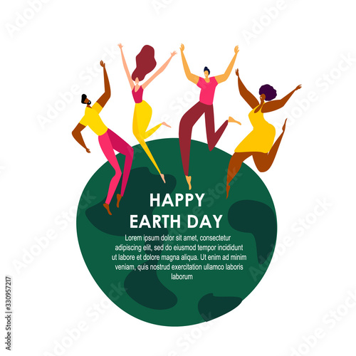 Group of Happy Different People Women and Man Jump on the Planet Globe. Happy Earth Day Celebrating Holding Hands.Ecology Support Environment Friendly