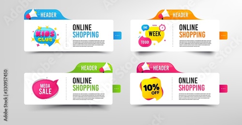 Mega sale, 10% discount and Kids club. Megaphone promotional banner. Discount banner with speech bubble. One week to go badge. Online shopping template with loudspeaker. Vector