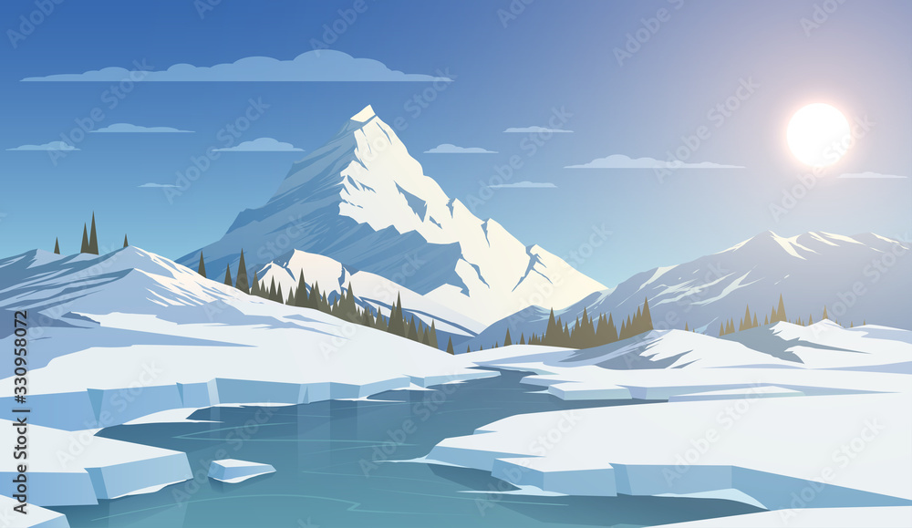 Winter day landscape with mountains - obrazy, fototapety, plakaty 
