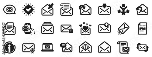 Newsletter, Email document, Correspondence icons. Mail message icons. Received mail, Secure message and Web letter. Post office newsletter, Send email document, private communication. Vector