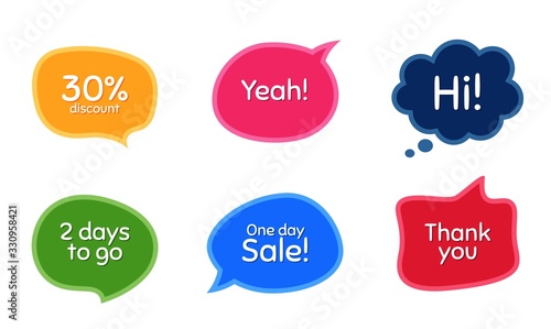 One day sale, 30% discount and 2 days to go. Colorful chat bubbles. Thank you phrase. Sale shopping text. Chat messages with phrases. Texting thought bubbles. Vector