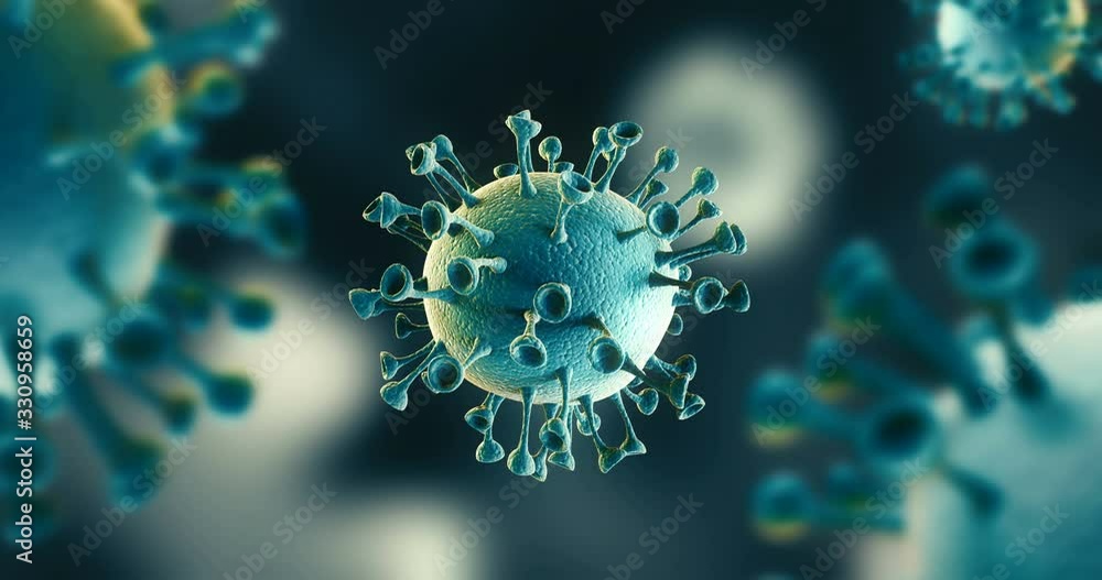 4k animation. Coronavirus 2019-nCov coronavirus concept resposible for asian flu outbreak. Coronaviruses influenza as dangerous flu strain cases as a pandemic. Microscope virus close up. 3d rendering