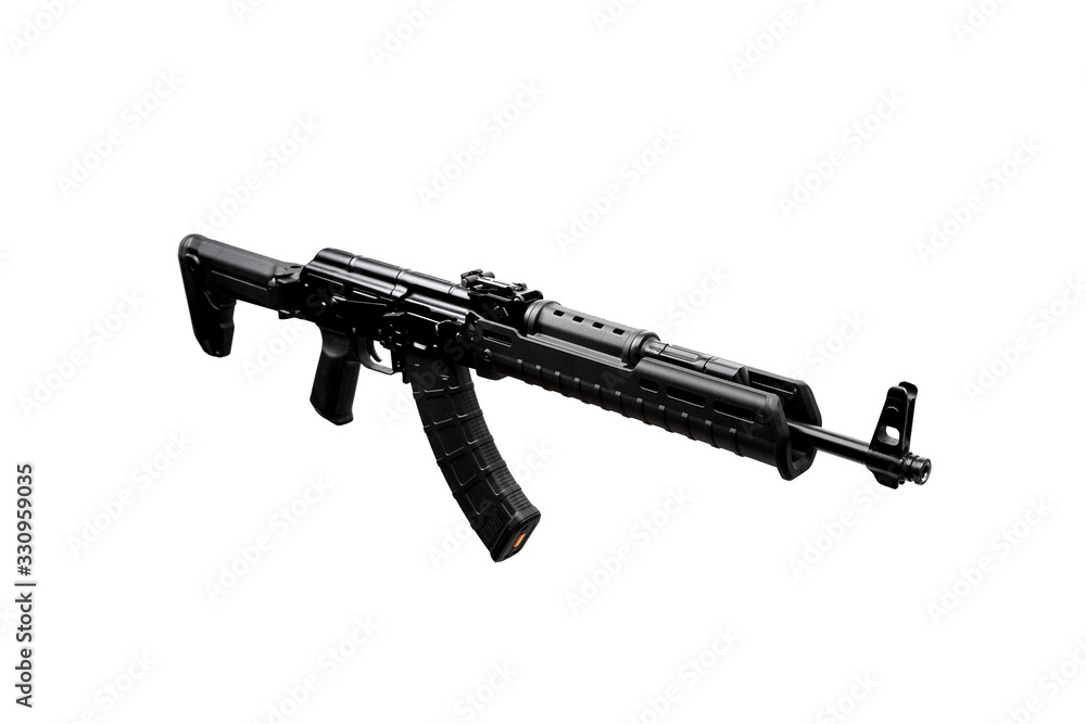 Automatic carbine isolate on white back. Weapons for police, army and special units. Black automatic rifle.