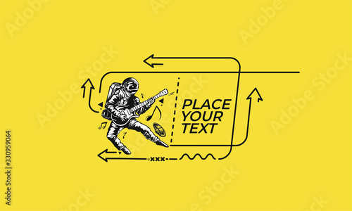 Flat linear Astronaut in Playing Guitar banner, scroll,  sticker, badge, price tag, poster.