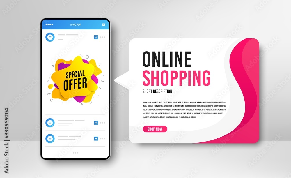 Naklejka premium Phone banner template. Special offer liquid shape. Discount banner. Sale coupon icon. Social media banner with smartphone screen. Online shopping web template. Special offer promotion badge. Vector