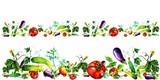 Banner Vegetables. Purple Eggplant, red tomatoes and green cucumbers in two rows. Seamless pattern (background). Abstract illustration of a tender blue-violet, red-green color on white. Textures for p