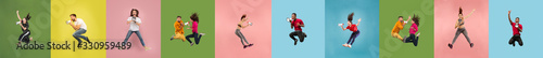 Collage of 8 young emotional jumping people on multicolored bright background. Concept of human emotions, facial expression, sales. Header, banner or flyer. Sport, finance. Calling with megaphone.