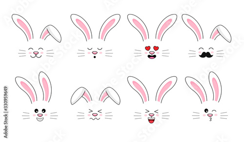 Collection of funny bunnies. Set of cute rabbits. Bundle of heads of cartoon animals. Vector illustration isolated on white background.