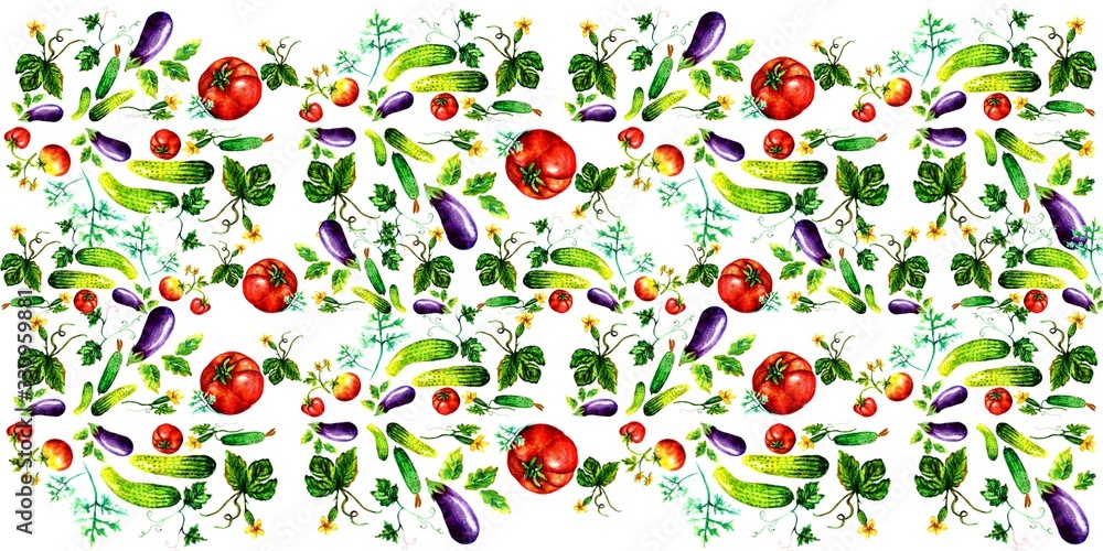 Banner Vegetables. Purple Eggplant, red tomatoes and green cucumbers. Seamless pattern (background). Abstract illustration of a tender blue-violet, red-green color on white. Textures for printing on f Banner Vegetables. Purple Eggplant, red tomatoes and green cucumbers. Seamless pattern (background). Abstract illustration of a tender blue-violet, red-green color on white. Textures for printing on f