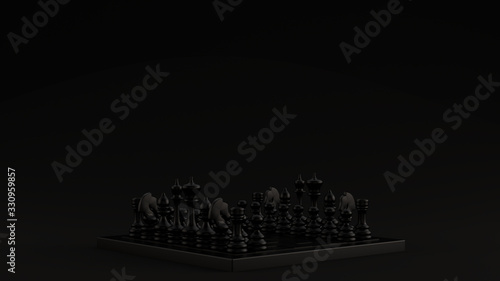 Black Chessboard and Pieces Black Background 3d illustration 3d render