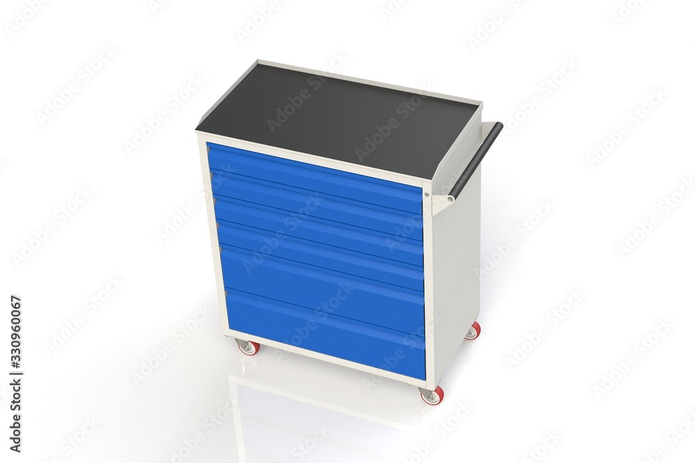 Metal tool cabinet on wheels with drawers. A convenient place for storing tools and spare parts. Metal furniture. 3D-model rendering of the table for shooting from above. Metal tool cabinet on wheels with drawers. A convenient place for storing tools and spare parts. Metal furniture. 3D-model rendering of the table for shooting from above.