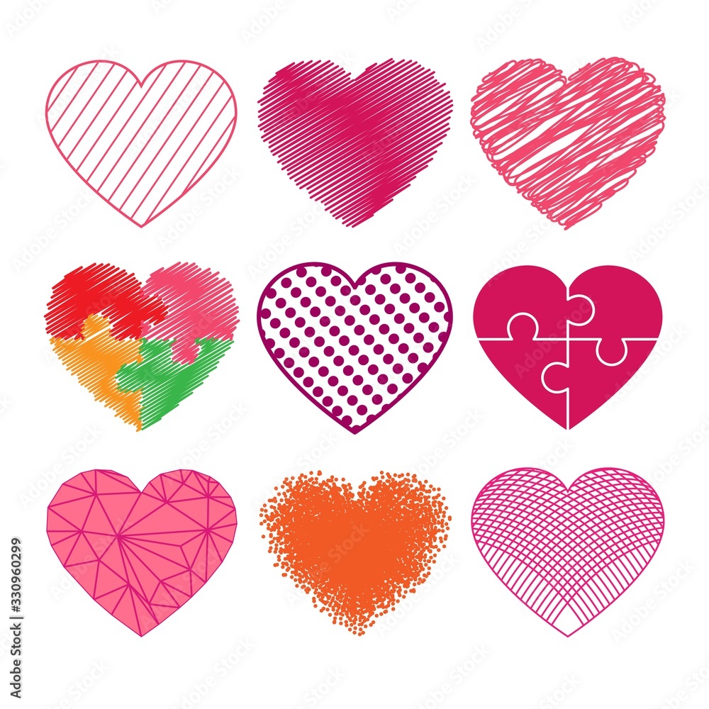 Heart icons set. Collection of decorative elements for Valentine's Day. Symbols for romantic cards. A lot of multi-colored hearts on a white background.