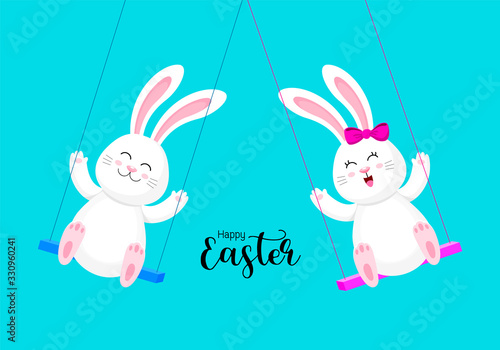Cute cartoon bunny on swing. Happy Easter day concept. Cartoon character design. Vector illustration isolated on blue background.