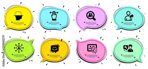 Refer friend, Networking and Multitasking gesture signs. Chat bubbles with quotes. Like photo, Smile chat and Face scanning line icons set. Search employees, Repairman symbols. Vector