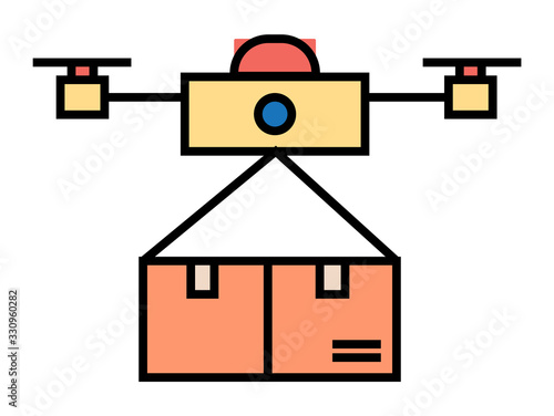 Delivery of parcels using new innovative technologies. Isolated drone and carton box outline. Flying helicopter with container, transporting order of client. Line art characters, vector in flat