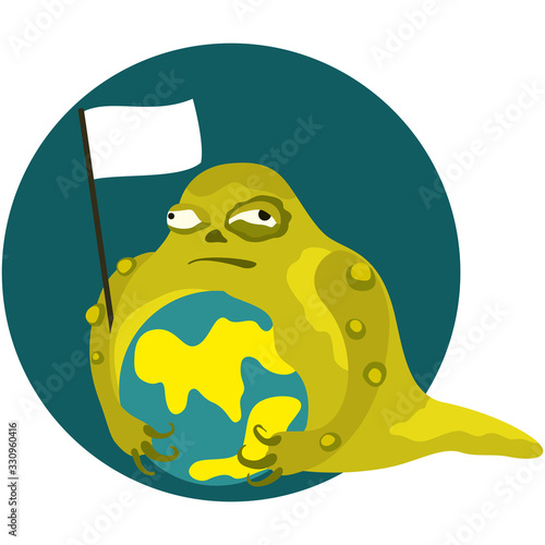 Slime monster is attacks a world/ Illustration a nasty creature. It holds a planet and a banner
