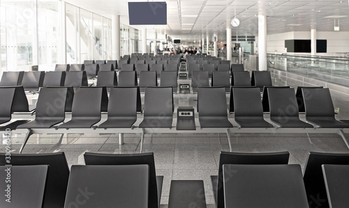 Empty Rows of brown chair In perpective at airport,
