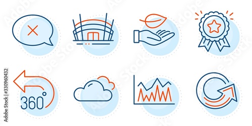 Reject, Leaf and Loyalty award signs. Reload, 360 degrees and Investment line icons set. Cloudy weather, Arena stadium symbols. Update, Full rotation. Business set. Outline icons set. Vector