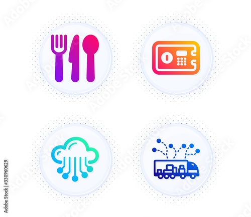 Safe box, Cloud storage and Food icons simple set. Button with halftone dots. Truck delivery sign. Deposit, Data service, Cutlery. Logistics. Business set. Gradient flat safe box icon. Vector