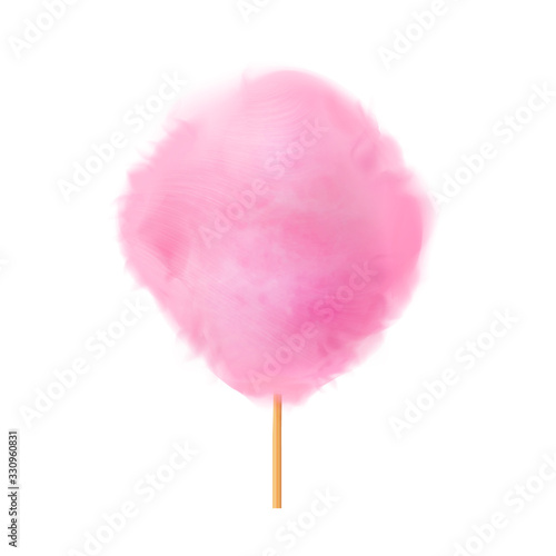 Cotton candy. Realistic pink cotton candy on wooden stick. Summer tasty and sweet snack for children in parks and food festivals. 3d vector realistic illustration isolated on white background