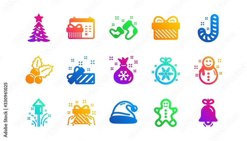 Santa hat, Snowflake and Gift box. Christmas icons. New year classic icon set. Gradient patterns. Quality signs set. Vector Santa hat, Snowflake and Gift box. Christmas icons. New year classic icon set. Gradient patterns. Quality signs set. Vector