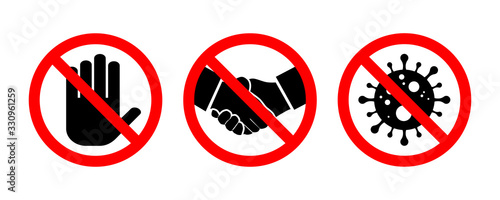 Stop handshake sign set. Coronavirus illustration. Danger sign. Vector