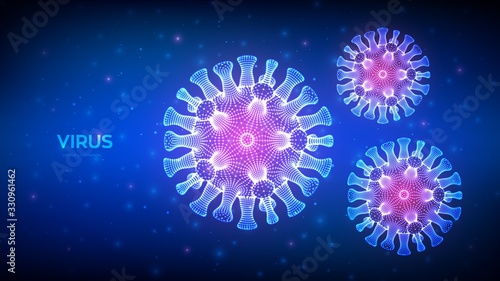 Coronavirus 2019-nCov. Abstract novel coronavirus bacteria. Microscopic view of virus cell close up. COVID-19. Dangerous asian ncov corona virus. SARS pandemic risk concept. 3D vector illustration.