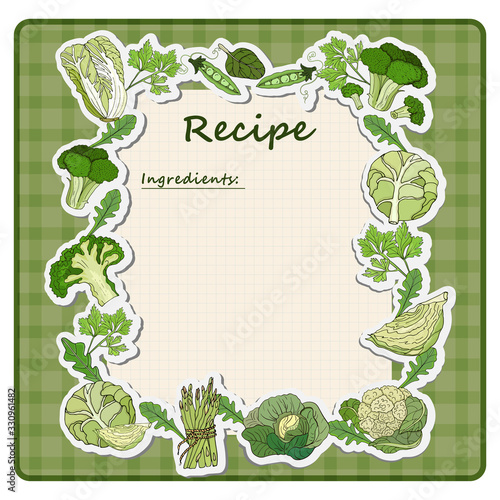 Sheet for writing to write recipes, diets, ingredients with a frame of different types of cabbage. Dietary healthy food.