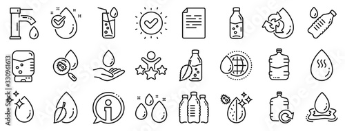 Set of Bottle  Antibacterial filter and Tap water linear icons. Water drop line icons. Bacteria  Cooler and Refill barrel bottle. Liquid drop  antibacterial cleaner and drink machine  tap. Vector