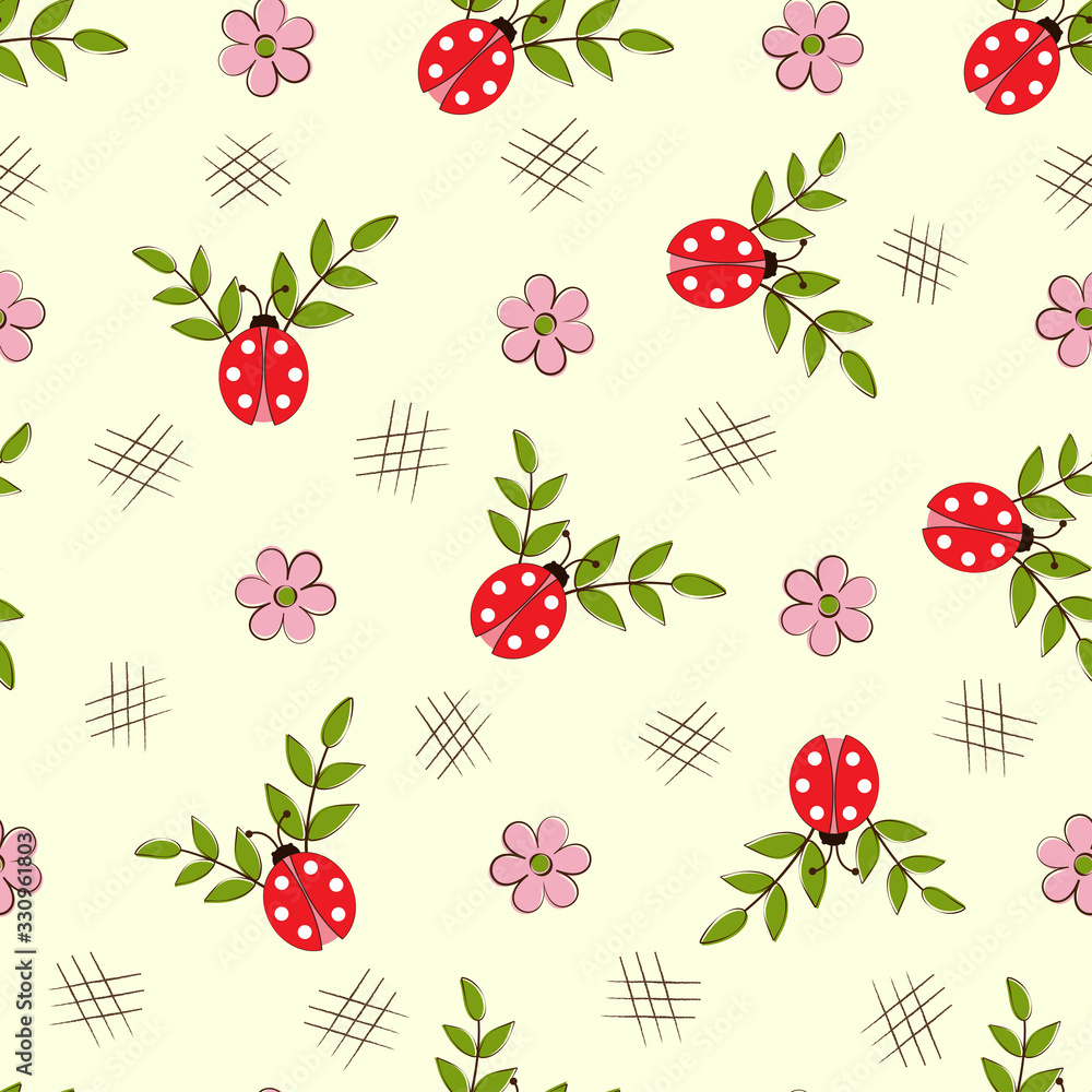 Seamless pattern with ladybugs and flowers on a white background in a flat style. Seamless pattern with ladybugs and flowers on a white background in a flat style.