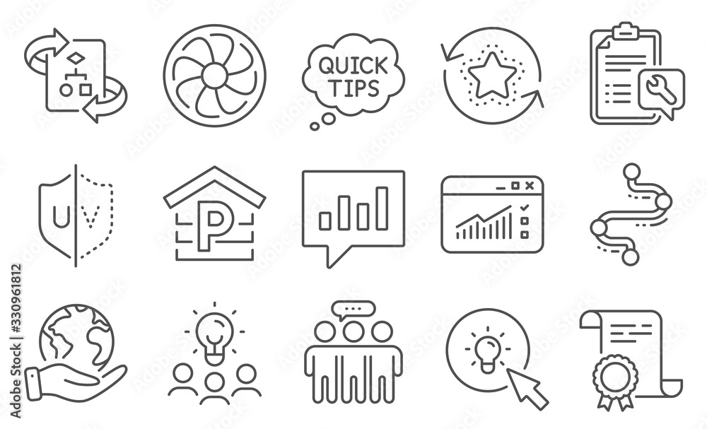 Set of Business icons, such as Energy, Uv protection. Diploma, ideas, save planet. Technical algorithm, Web traffic, Parking. Loyalty points, Employees group, Spanner. Vector