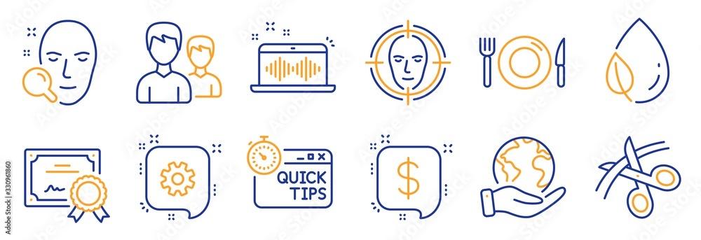 Set of Business icons, such as Leaf dew, Scissors. Certificate, save planet. Quick tips, Payment message, Face detect. Cogwheel, Music making, Food. Face search, Couple line icons. Vector Set of Business icons, such as Leaf dew, Scissors. Certificate, save planet. Quick tips, Payment message, Face detect. Cogwheel, Music making, Food. Face search, Couple line icons. Vector