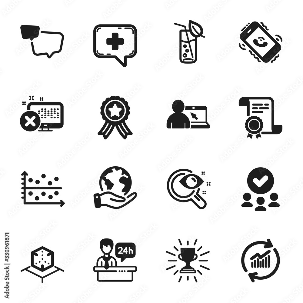 Set of Business icons, such as Medical chat, Call center. Certificate, approved group, save planet. Vision test, Trophy, Speech bubble. Augmented reality, Water glass, Reception desk. Vector Set of Business icons, such as Medical chat, Call center. Certificate, approved group, save planet. Vision test, Trophy, Speech bubble. Augmented reality, Water glass, Reception desk. Vector