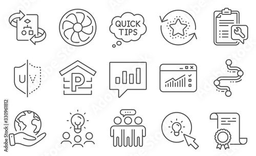 Set of Business icons, such as Energy, Uv protection. Diploma, ideas, save planet. Technical algorithm, Web traffic, Parking. Loyalty points, Employees group, Spanner. Vector
