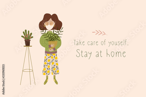 Put on a medical mask. The world is struggling with an outbreak of coronavirus. do not panic and stay home for your safety. take care of yourself. Vector graphics