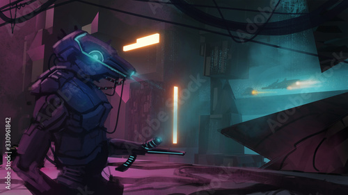 Obraz na plátně Digital 3d illustration of robot security droid patrolling a glowing futuristic