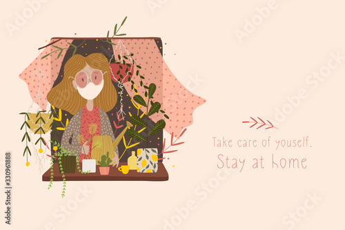 Put on a medical mask. The world is struggling with an outbreak of coronavirus. do not panic and stay home for your safety. take care of yourself. Vector graphics