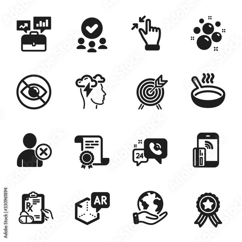 Set of Business icons, such as Not looking, Archery. Certificate, approved group, save planet. Frying pan, Contactless payment, Touchscreen gesture. Vector