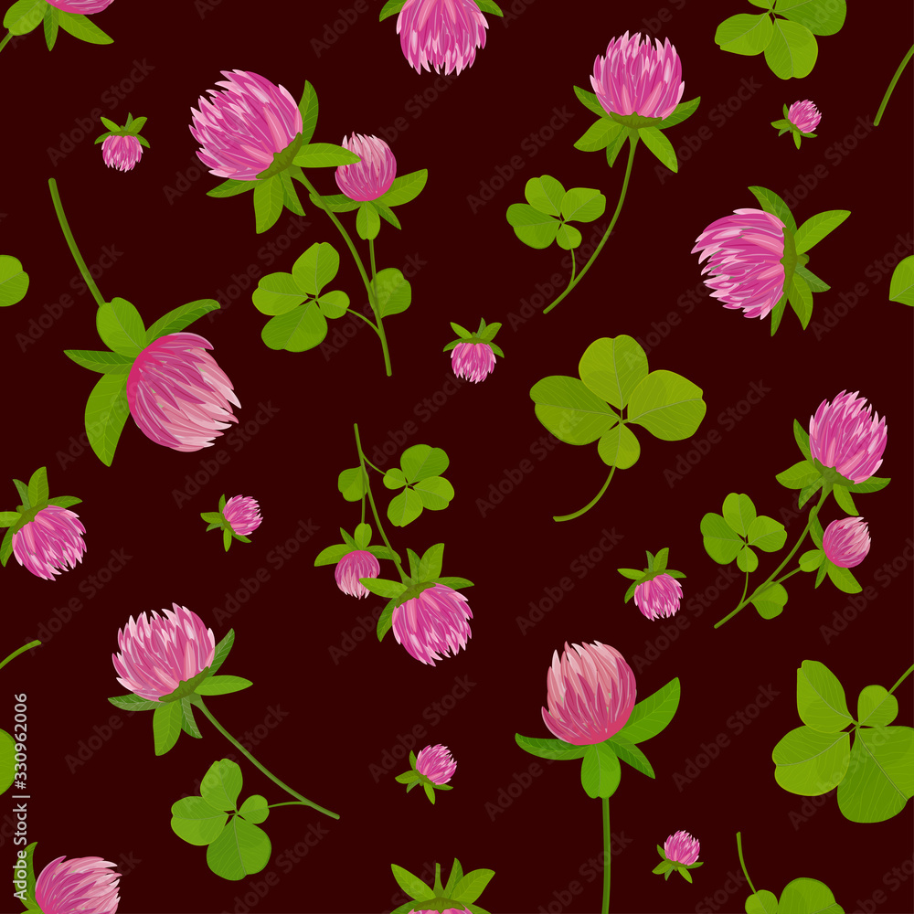 Pink clover flowers on a dark background. Seamless background