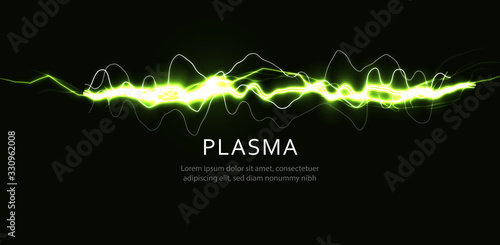 lightning green color, curve line on black background, graphic vibration for voice and music, magic ray of superhero, vector illustration