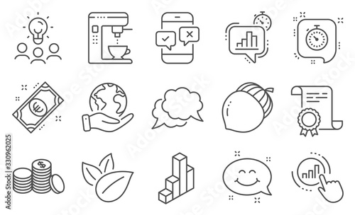 Set of Business icons, such as Smile chat, Coffee maker. Diploma, ideas, save planet. Statistics timer, 3d chart, Graph chart. Timer, Acorn, Phone survey. Vector